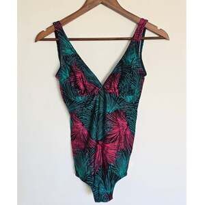 Vintage Triumph One Piece Swimsuit Tropical Print Plunge Neck Size S